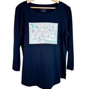 Talbots‎ Women's Tee Blue Cotton Graphic Crew Neck Long Sleeves Size M